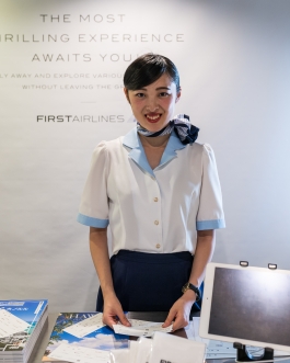 First Airlines. Flight Attendant. Ikebukuro Tokyo Japan. VR Virtual Reality flight - World's first virtual aviation facility. Photo François Cavelier
