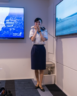 First Airlines. Flight Attendant. Ikebukuro Tokyo Japan. VR Virtual Reality flight - World's first virtual aviation facility. Photo François Cavelier