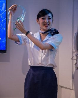 First Airlines. Flight Attendant. Ikebukuro Tokyo Japan. VR Virtual Reality flight - World's first virtual aviation facility. Photo François Cavelier