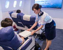 First Airlines. Flight Attendant. Ikebukuro Tokyo Japan. VR Virtual Reality flight - World's first virtual aviation facility. Photo François Cavelier